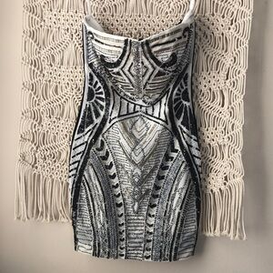 BEBE WHITE BEADED CORRINE STRAPLESS...  glass beaded & metal detailed mini dress